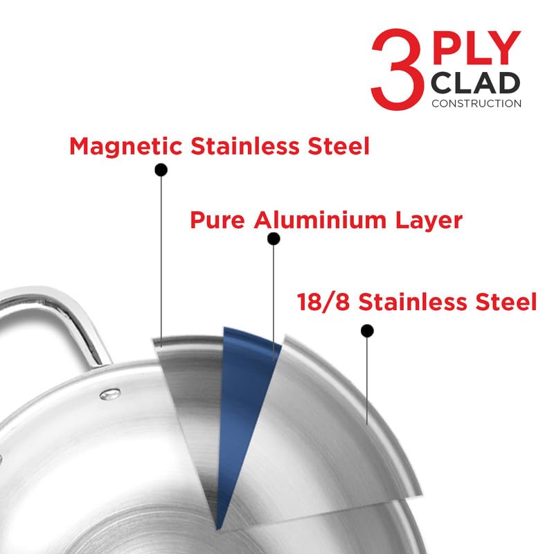 Image of PNB Kitchenmate Triply Cookpot with Glass Lid, 24cm, 5.5 LTR, 2.5mm Extra Thick Stainless Steel Casserole, Induction & Gas Compatible, 5 Years Warranty, Silver
