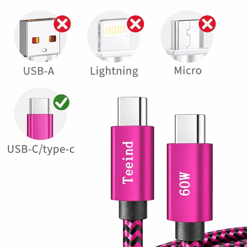 Teeind Tpc002 - Cavo USB tipo C, confezione da 5 (2 m) da USB A a tipo C, cavo intrecciato in nylon, compatibile con Galaxy S10, S10E, S9, S8, S20 Plus, Note 20, 10, 9, 8 e altri caricabatterie USB C