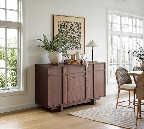 Image of Sideboard Buffet Cabinet with Storage, 47.2 inch Large Sideboard with 2 Doors & 3 Drawers, Mid Century Modern Credenza with Skeleton Line&Wood Grain for Living room, Kitchen and Entryway, Walnut