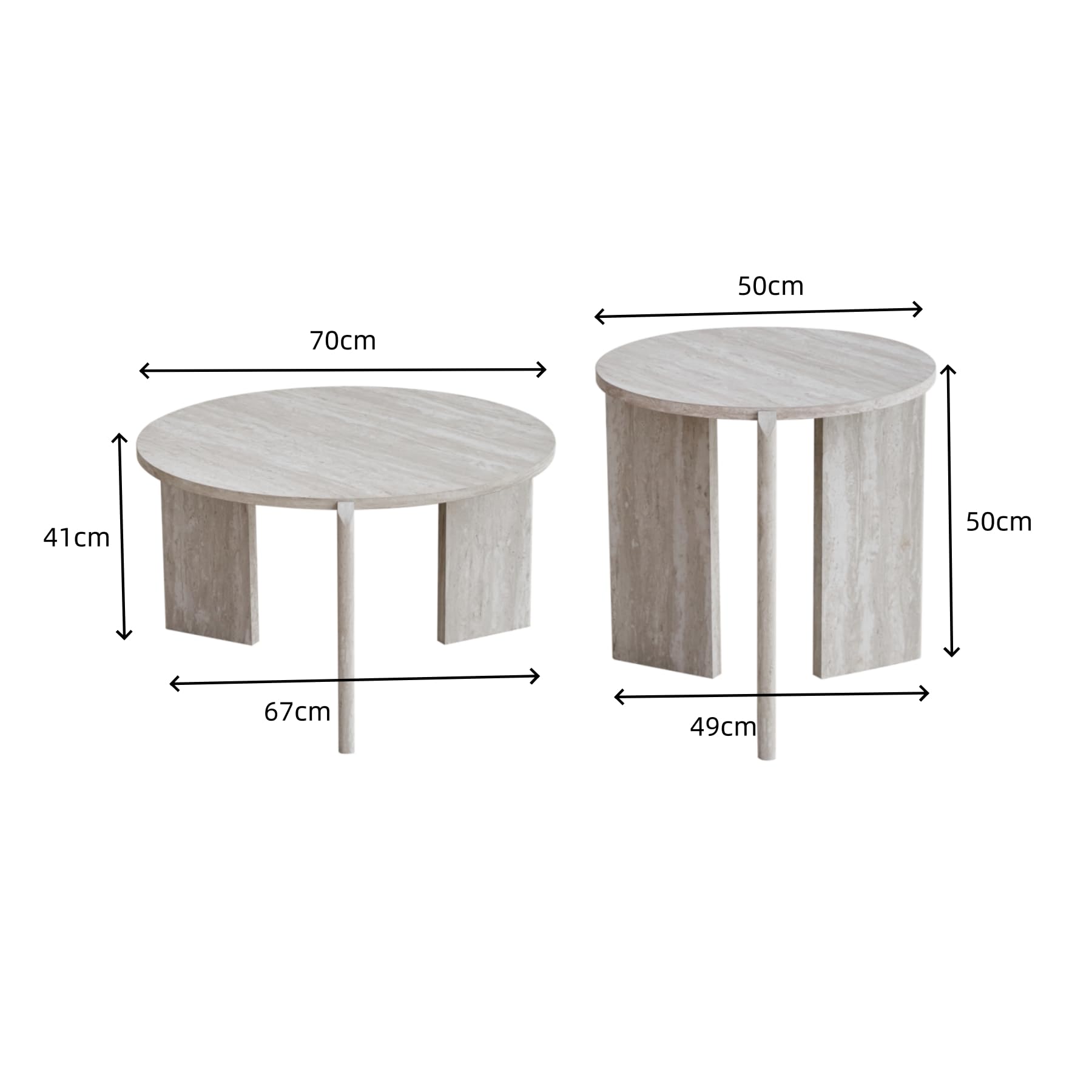 Juego de 2 Mesas de Centro, Mesas de Salón en Imitación de Travertino Blanco, Diseño de Tres Patas, Mesa Auxiliar Moderna de Estilo Minimalista, Adecuada para Salón y Dormitorio