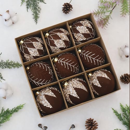 Image of 4IN Large Velvet Christmas Ornaments with Glitter, 9PCS Flocked Ornaments | brown velvet ornaments for christmas tree decorations set,hanging neutral felt flocked balls bulk plastic shatterproof