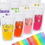 20 Pieces Birthday Squad Drink Pouch Bag with Straw Birthday Queen Heavy Duty Hand-Held Translucent