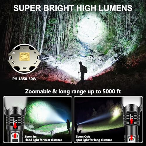Image of Super Bright Flashlight High Lumens 100000 Rechargeable, Strong 50W LED, Big 8.54 inch Length, Adjustable 5-Mode, Dual Buttons, Long Lasting 15H, Quick USB C Charge, LCD Display & Output, for Hiking Home