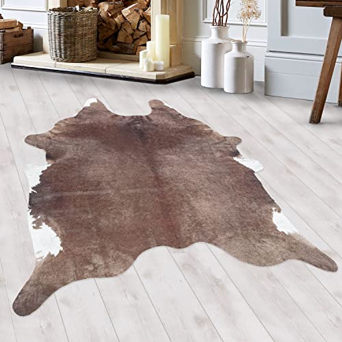 HomebyHome Tapis en Fourrure Fourrure synthétique tissée à Plat Concevoir en Peau de Vache Salon Chambre à Coucher Lavable Doux Forme Animale Antidérapant Marron, Couleur :Marron, Taille:100x135 cm Cover