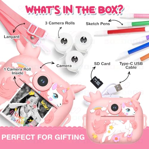 Image of Wembley 8MP Digital Camera for Kids with Print | Instant Printing, Unicorn Design, Video Recorder, 4GB SD Card, Print Paper Rolls, Shoulder Strap for Kids 3-10 Years