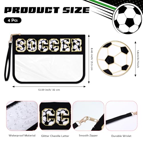 4 Pcs Soccer Bags Gifts Chenille Letter Makeup Bags with 4 Pins Preppy Clear Cosmetic Bag Waterproof Zipper Pouch for Girls Soccer Mom Player Lover Coach2