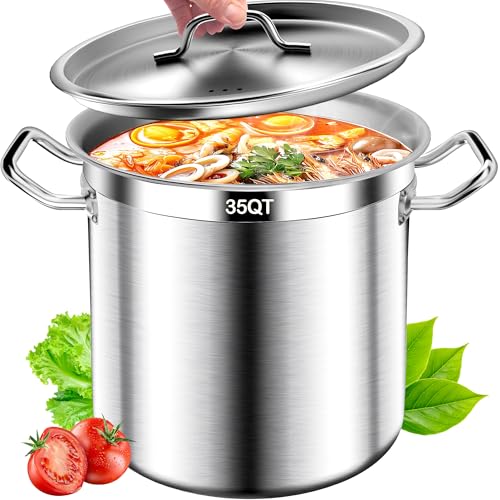 Image of Commercial Grade Stainless Steel Stock Pot with Lid, Heavy Duty Tri-Ply Bottom, 35 Qt Large Soup Pot for Restaurant Catering, Boiling, Canning, Oven Safe