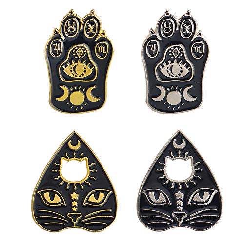 Comidox 4 Stück Gothic Magic Cat Paw/Cat Face Brosche Emaille Revers Pin Hexe Fußabdrücke Mond Stern Brosche Abzeichen Unisex