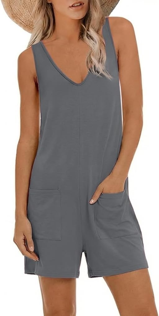 Womens Summer V Neck Sleeveless Tank Top Romper Loose Fit Jumpsuit Trendy One Piece Jumps with Pockets