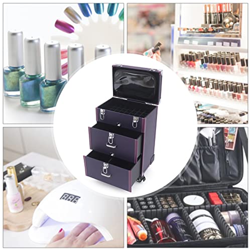 Rolling Nail Case Makeup Train Case 3 Tier Cosmetic Trolley Nail Polish Organizer With Adjustable Compartment Nail Technicians Travel Case For Makeup Nail Tech Salon 24.8 * 12.6 * 16.1 Inch (Purple) #TOP5