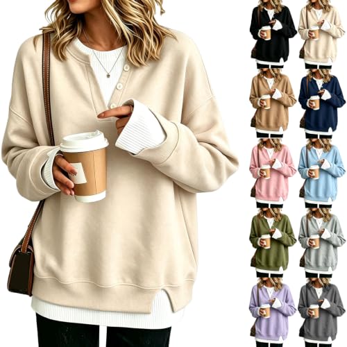 Crew Neck Sweatshirts Women Fall 2 In 1 Layered Button Henley Pullover