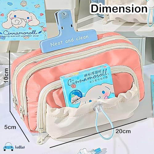 Image of FunBlast Pencil Pouch for Girls - Multiple Compartment Zipper Pouch with Drawstring Pocket, Aesthetic Pouch for Girl, Kawaii Pencil Case, Cute Pouches for Girls, Return Gift for Kids (Pink)