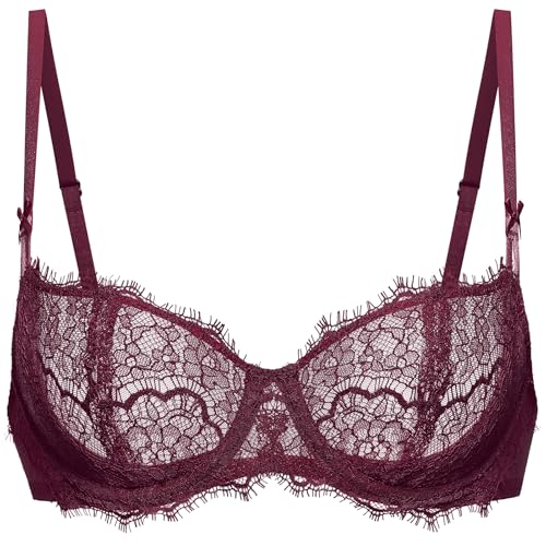 Image of DOBREVA Women's Balconette Sexy Unlined Bra Lace Push Up Plus Size Bras See Through Underwire