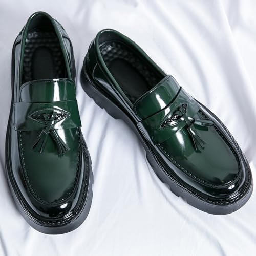 Image of Men's Black Soft Patent Leather Platform Chunky Heel Loafers Fashion Tassel Business Casual Formal Work Shoes Non-Slip Lug Sole Slip-On Penny Loafers