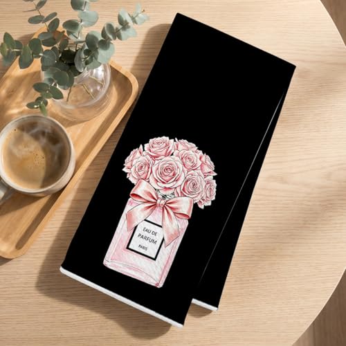 Image of 2 Pcs Pink Bow Champagne Hand Towels, Trendy Girly Reusable Dish Towels | Aesthetic Waffle Weave Hand Towels for Kitchen Bathroom Decor, Black and Pink Gifts for Women Girls Friend 24x14 Inch