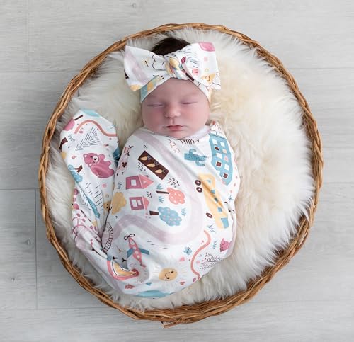 Image of Newborn Swaddle Sets with Headband Beanie and a Name Card Baby Snug Wrap Receiving Blanket for Baby Boys Girls (White)
