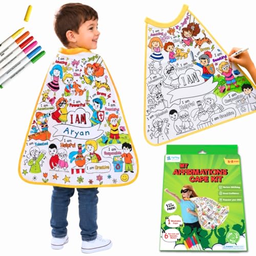 Image of PepPlay Affirmation Cape Coloring Kit - Positive Affirmations Cotton Cape + Eye Mask + 6 Washable Markers | Personalised Confidence Building Pretend Play | Reusable Birthday Gift for Boys Girls Age 4-8