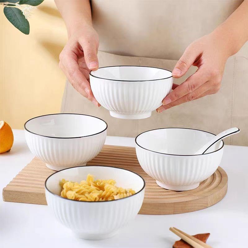 Image of Elegant White Ceramic Dessert Bowls with Black Rim - Set of 6, Ribbed Design, Perfect for Ice Cream, Desserts, Snacks, and More