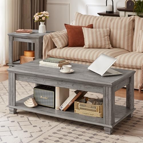SAVOR LIFE Farmhouse Coffee Tables for Living Room,Square Tea Table with Open Storage Shelf,Large Coffee Table,Rustic Wooden Center Table,Gray