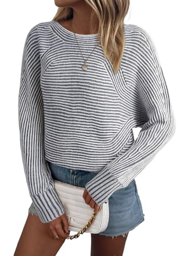 Image of EVALESS Striped Sweaters for Women Boat Neck Batwing Sleeve Oversized Pullover Sweater Tops Womens Fall Clothes Outfits