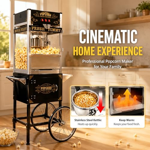 Image of Popcorn Machine With Cart - 28oz Kettle Popcorn Makers With Heating, Stainless Steel Kettle & Cart Wheels, For Commercial School, Church, Carnival, Birthday Parties, Events, Movie Theater, Black