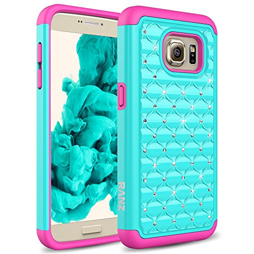 RANZ SAMS7-SPFPD Galaxy S7 Case, Spot Diamond Studded Bling Crystal Rhinestone Dual Layer, Hybrid Cover Silicone Rubber Skin Hard Case - Hot Pink/Turquoise
