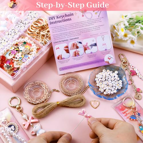 Image of Wurosi 773 Pcs Beaded Keychain Making Kit, Bag Charm Kit, with Chains, Charms & Letter, Key Chain Hooks, Jump Rings, Manual, Gift Bgas, Storage Box & Tools, DIY Crafting and Jewelry Making for Adult