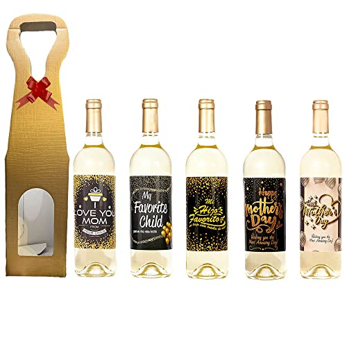 Generic Happy Mothers Day Gift- I Love You Mom Wine Party Decoration- Perfect for Wine Bottle Labels Stickers- Set of 5 (4 English, 1 Spanish), 4 x 5 inch