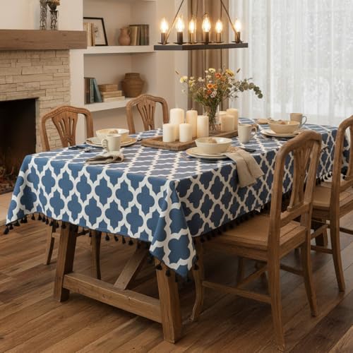 Image of HOMEMONDE Dining Table Cover 4 Seater Cotton Printed Center Table Cloth with All Around Decorative Fringes - (Blue, 114 x 114 CM)
