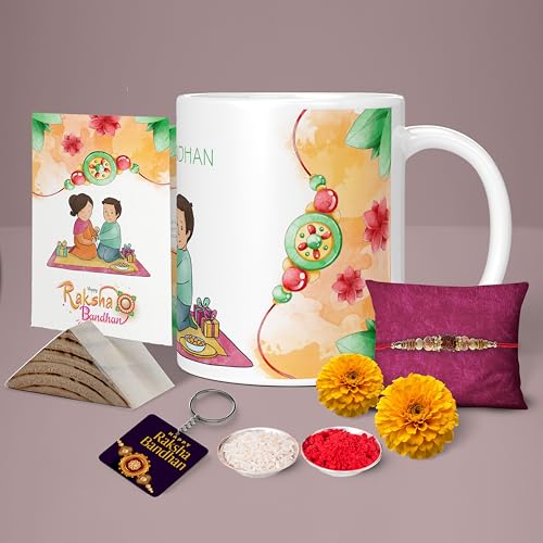 Image of Rakhi for Brother Printed Mug with Keychain Best Rakhi Combo Gift for Brother & Sister Rakshabandhan Return Gifts for Sister White 350ml Coffee Mug(Pack of 5)(Combo Set)(RMCKRCG604)