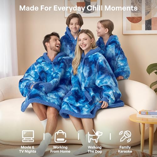 Image of Giggling Getup Wearable Blanket Hoodie for Girls and Boys Warm Cozy Sherpa Fleece Hooded Blanket Sweatshirt Oversized Hoodie with Giant Pocket & Sleeves for Kids Dark Blue Tie Dye