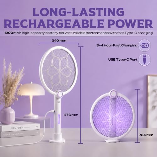 Image of Electric Mosquito Killer Racket 3-in-1 Foldable | Fly Swatter | Stand & Hang Design | Mosquito Trap & UV Light for Home | Rechargeable 1200mAh Battery | Type-C Charging| 1 Year Warranty