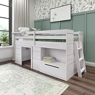 Max & Lily Modern Farmhouse Low Loft Bed, Twin Bed Frame For Kids With 1 Drawer, White Wash