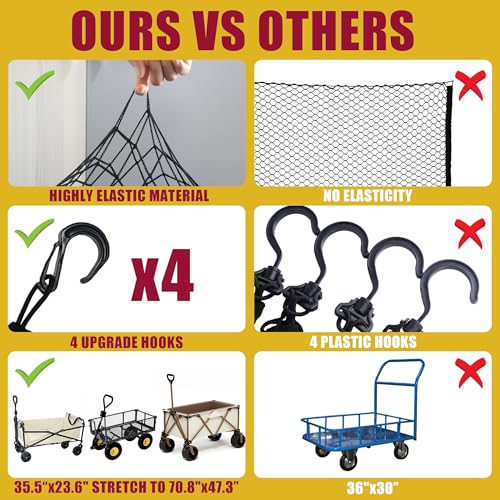 Image of Cargo Net for Utility Folding Wagon, Beach Cart,Trolley Cart, Wagon net Cover,Garden Cart Cover Net - Elastic Heavy Duty Nylon Net with 4 Hooks (35.5 inchx23.6 inch to 71 inchx47 inch) (4)