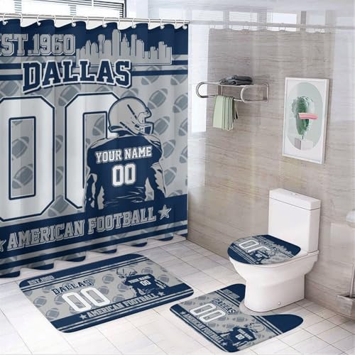 Custom Dallas Style Shower Curtain 4-Set American Football Style Bathroom Decor Set with Non-Slip Bath Mat U-Shaped Rug Toilet Cover Personalized Name Number Sports Fan Gift for Men Women