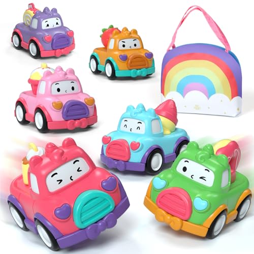 Lehoo Castle Toddler Toys for 1 Year Old Girls, Gifts for 1 Years Old Girl, Pull Back Cars Baby Toy 1 2 3 Year Old, Dessert Car Toys with Rainbow Bag 7 PCS