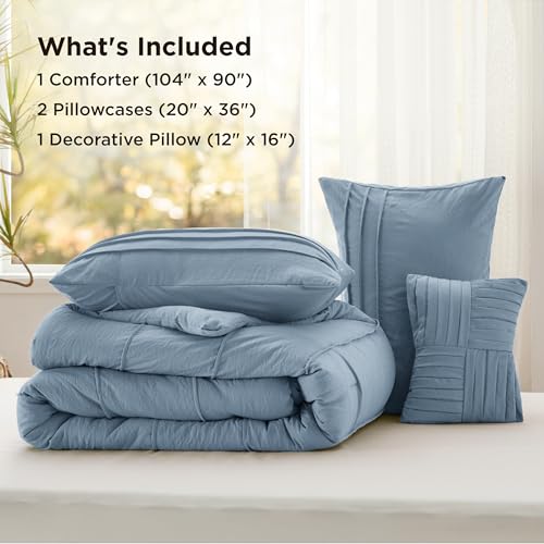 Image of Bedsure King Comforter Set - 4 Pieces Pinch Pleat Bed Set, Light Blue Boho Bedding for All Season, 1 Soft Comforter, 2 Pillowcases, 1 Decorative Pillow