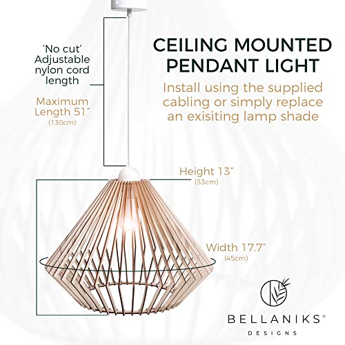 Bellaniks Wood Pendant Light - Easy-to-Assemble Ceiling Chandelier - Modern Boho Hanging Lamp Lighting Fixture for Dining, Kitchen, Bedroom, Living Room - Adjustable Nylon Cord, Uses Standard Bulb - Image 3
