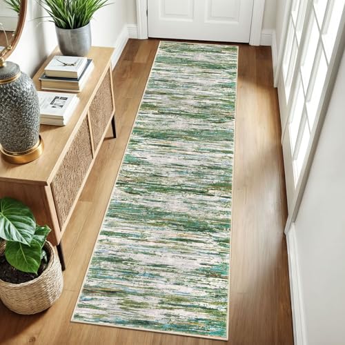 2x8 Green Grey Multi Modern Abstract Runner Rug for Hallways, Super Soft Hallway Decor Kitchen Rugs with Non-Slip, Non-Shedding Washable Rug for Entryway Bedroom Bathroom Laundry Indoor