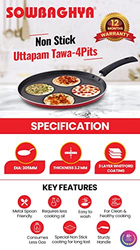 Image of Sowbaghya Non Stick Uttappam Tawa(4Pits) - Red | 4 Cavities | Thickness: 3.2 mm | Dia: 305 mm | 3Layer Whitford Coating | Non Induction