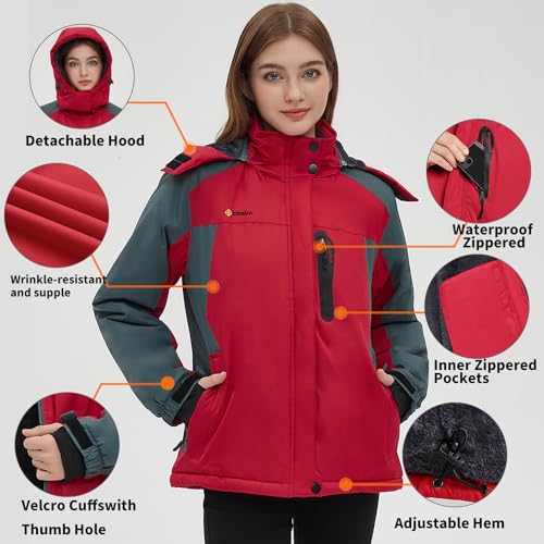 Image of Women's Waterproof Winter Jacket Skiing Warm Fleece Snow Coat Hooded Windproof Raincoat S-3XL