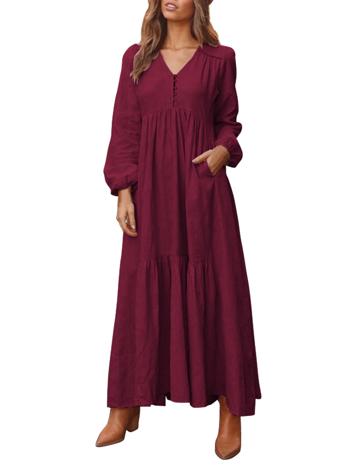 ZANZEA Women Dresses Long Sleeve Maxi Dresses Casual Cotton Linen Dress  Fall Spring Vintage Retro Solid Colour Long Dress with Pockets