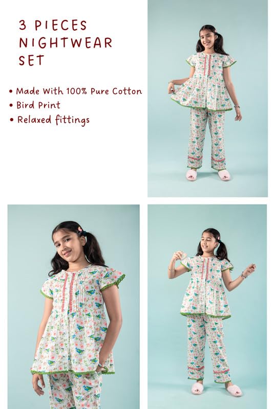 Image of Tweeny Mini Girls Kids Pure Cotton Nightsuit | Nightwear | Sleepwear | Nightdress with Pajama and Halfsleeve Top Cute Butterfly Printed with Eye Mask