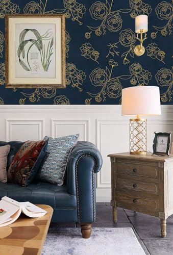 Image of Blue and Gold Rose Wallpaper - Self Adhesive Peel and Stick Floral Wall Stickers, Waterproof PVC Vinyl Decorative Paper for Home, Bedroom, Living Room & Furniture (45cm x 300cm)