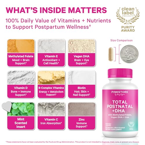 Image of Pink Stork Total Postnatal Vitamins for Women | Vegan Algae DHA, Methylated Folate, Iron, B12 | Postpartum Recovery + Lactation Support | No Fishy Burps | Clean Label Award Winner | 60 Capsules, Mint