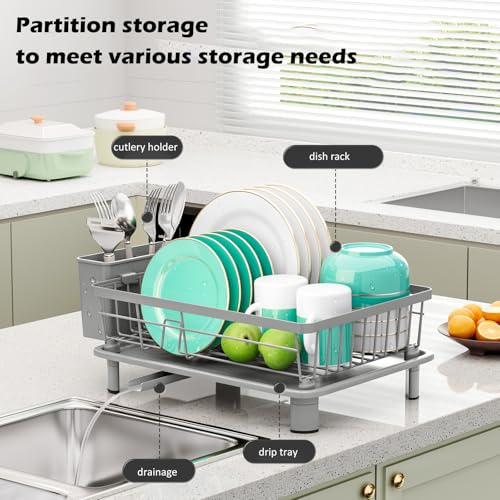 BULIJUJU Small Dish Drying Rack, Space Saving Dish Racks for Kitchen Counter, Kitchen Organizer Dish Drainer with Cutlery Holder for Spoons and Forks, 11''W x 15''L, Gray by BULIJUJU - Image 3