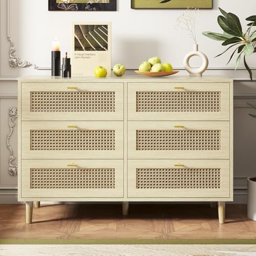 Amazon.com: CCF Rattan Dresser 6 Drawer Dresser for Bedroom Mid Century Modern Dresser Natural ...