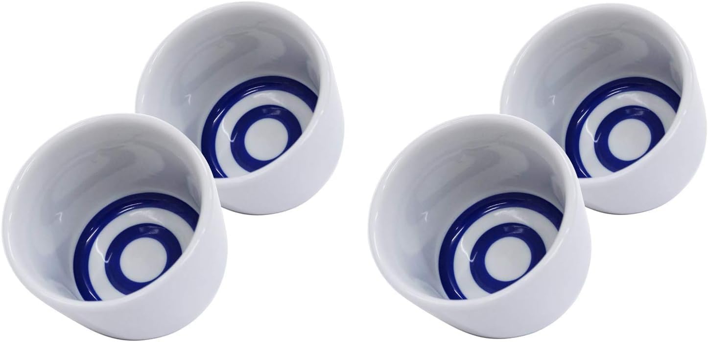 Japanese Mino Ware Ceramic Sake Cups set, Blue Circles on Bottom Choko 2-Shaku 1.18 Fluid Onces Set of 4