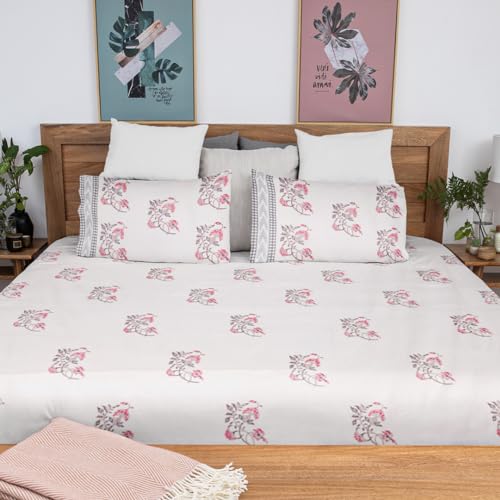 Image of Bahar Premium Hand Block Printed Bedsheet | Bed Sheet Flatsheet | Pure Cotton | Double Bed King Size 108 inchx108 inch | 300 TC Bedsheets | Includes 2 Pillow Covers | Floral Spread