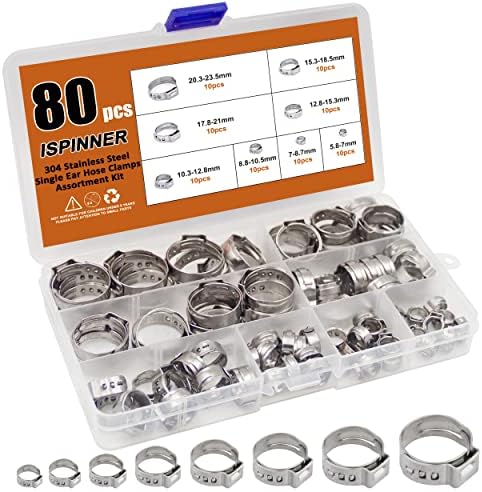 ISPINNER 80pcs Single Ear Stepless Hose Clamps, 304 Stainless Steel 5.8-23.5mm Crimp Hose Clamp for Securing Pipe Hoses and Automotive Use 1/4 inch - 15/16 inch